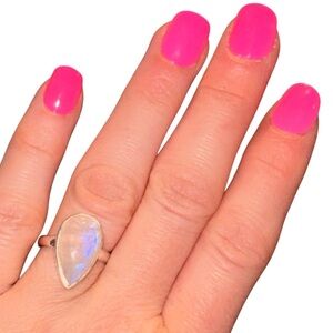 Rainbow Moonstone BIG Flash Teardrop Solitaire Ring Set in 925 Sterling Silver